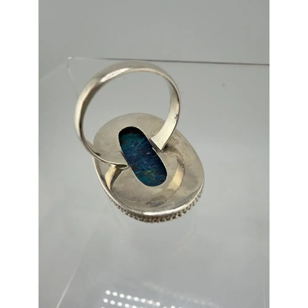 Large Oval Chrysocolla Twisted Rope Border 925 Sterling Silver Ring Size 7.5